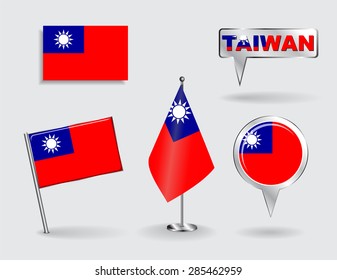 Set of Taiwan pin, icon and map pointer flags. Vector illustration.