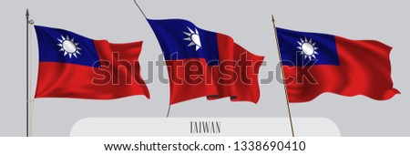 Set of Taiwan waving flag on isolated background vector illustration. 3 red blue Taiwanese wavy realistic flag as a patriotic symbol 