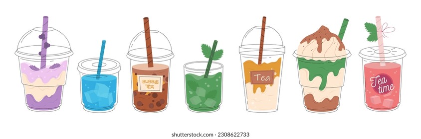 A set of taiwanese bubble tea milky in a transparent or glass cup. Milk refreshing cocktail with cream. Cold tea with ice. Vector illustration for design of banners, menus. Refreshing summer drink.