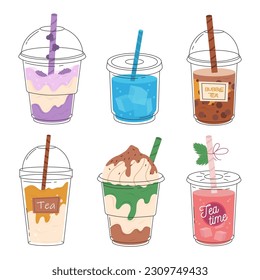 A set of taiwanese bubble tea milky in a transparent or glass cup. Milk refreshing cocktail with cream. Cold tea with ice. Vector illustration for design of banners, menus. Refreshing summer drink.