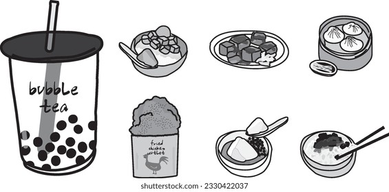 A set of Taiwanese night market snack menu with shaved ice with mango, stinky tofu, soup dumpling, fried chicken cutlet, bubble tea, Tofu pudding. Cute hand drawn vector illustration in black outline.