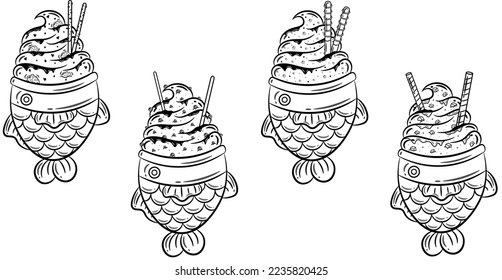 conjunto de Taiyaki con boceto de dibujo de helados para colorear