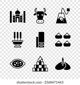 Set Taj Mahal, Cow, Tea bag, Kheer in bowl, Yagna, Indian headgear turban, Incense sticks and textile fabric icon. Vector