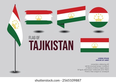 Set of  Tajikistan flag in 5 designs: flag on pole, brush stroke, skew, round and standard. vector, flat, isolated on grey background