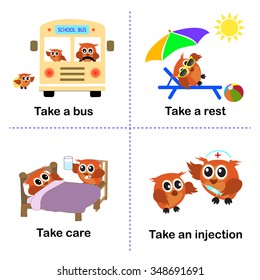 Akzeptanzset, Wie man die Einnahme für Kinder benutzt. ein Bus. eine Pause. Pflege. Injektion. Vektorhintergrund