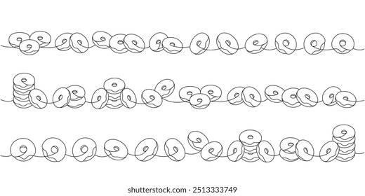 Set of take away donuts. Delicious donuts one line continuous drawing. Bakery sweet pastry food. Vector linear illustration.