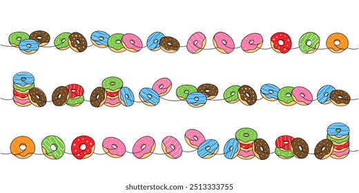 Set of take away donuts. Delicious donuts one line colored continuous drawing. Bakery sweet pastry food. Vector linear illustration.