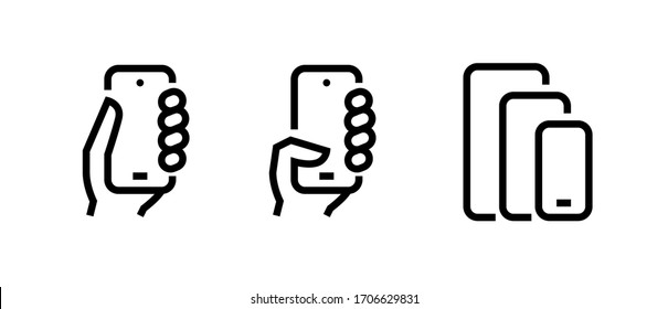 Set of Take, Push on Phone, Compare Phones Multi-Cameras icons. Editable line vector. Sign palm man holds the phone, presses the button and the different sizes of the gadget. Group pictogram.