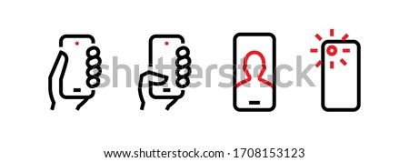 Set of Take, Push on Phone, Selfie, Camera Phone Multi-Cameras icons. Editable line vector. The sign module of a person holds the device, makes a portrait and the rays flash red. Group pictogram.