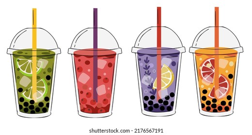 A set of takeaway bubble tea cups, lemonade