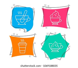 Set of Takeaway, Cappuccino cream and Tea cup icons. Espresso cream sign. Takeout coffee, Coffee with spoon, Cafe con panna.  Flat geometric colored tags. Vivid banners. Trendy graphic design. Vector