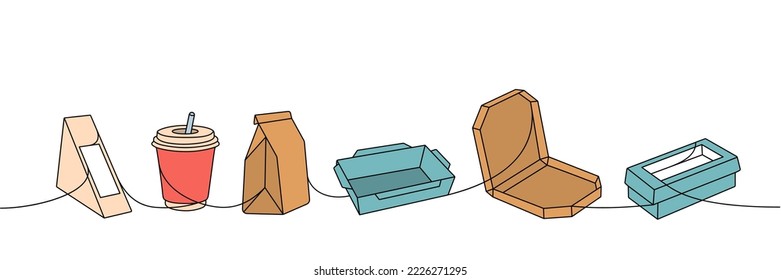 Set of takeaway cardboard boxes one line colored drawing. Empty cardboard boxes, bags for takeaway food continuous one line colorful illustration.