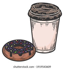 Set of takeaway coffee and donut. Sketch scratch board imitation.