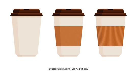 Set of takeaway cups with brown lids and sleeves. Disposable cups for hot drinks like coffee or tea. Beverage packaging concept. Flat vector illustration isolated on white background with copy space