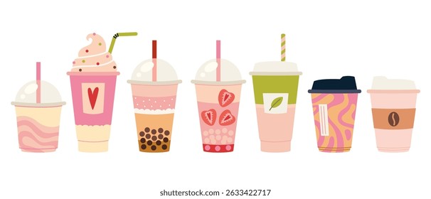 Set of takeaway drinks like bubble tea, smoothies, coffee, matcha latte, milkshake, ice cream and hot beverages in cute cups. Trendy modern vector illustration isolated on white, hand drawn, flat