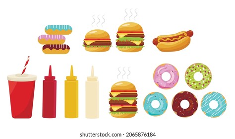 a set of takeaway food on an isolated background in a cartoon flat style with highlights.fast food is a diverse set for a bakery or cafe.fast food, fast food, express cafe