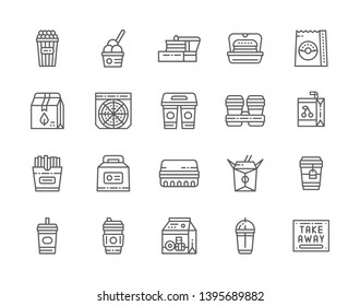 Set of Takeaway Line Icons. Popcorn Bucket, Cardboard Cups, Food Package, Lunch Box, Disposable Cup and more. Pack of 48x48 Pixel Icons