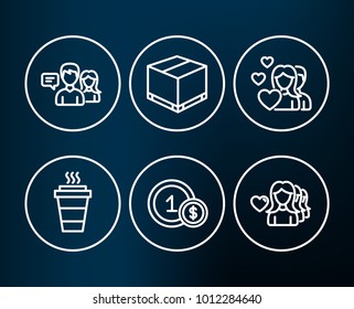 Set of Takeaway, Usd coins and Couple icons. People talking, Delivery box and Woman love signs. Takeout coffee, Cash payment, Valentines day. Contact service, Cargo package, Romantic people. Vector