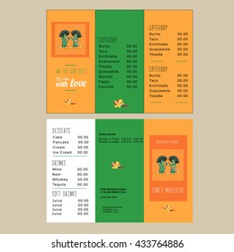 Set of take-out brochure templates for restaurant. Mexican food menu, advertisement flyer. Design idea with letterhead. Easy to edit text symbol element. Fancy Mariachi Cactus. Vector illustration