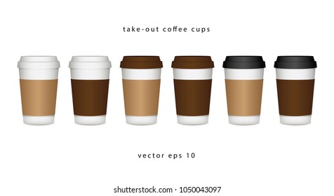 Set of take-out coffee, paper Kraft cup, different color tone and blank label isolated on white vector illustration