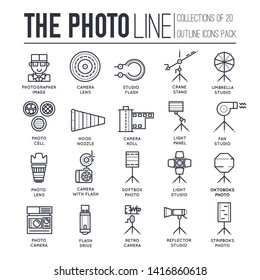 Set of taking photos thin line icons, logos isolated on white. Photographic equipment and instruments outline pictograms collection. Studio shooting vector elements for infographic, web.