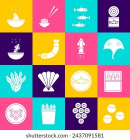 Set Takoyaki, Canned fish, Stingray, Fishes, Shrimp, Soup with octopus, Shark fin soup and Octopus icon. Vector