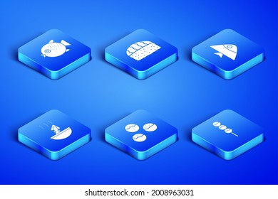 Set Takoyaki on a stick, Puffer fish, Soup with octopus, Sushi and Fish icon. Vector