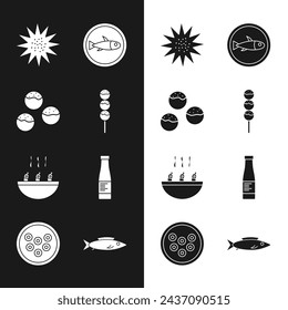 Set Takoyaki on a stick, Sea urchin, Served fish plate, Soup with shrimps, Sauce bottle, Fish and Caviar icon. Vector