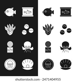 Set Takoyaki, Seaweed, Puffer fish, Canned, Octopus, Shell with pearl and Jellyfish on plate icon. Vector