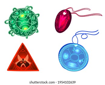 Set of talismans. Unusual items that give protection according to the beliefs of different peoples. Vector.