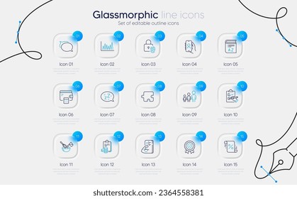 Set of Talk bubble, Loan percent and Accounting line icons for web app. Cooking whisk, User call, Puzzle icons. Fingerprint lock, Checklist, Sleep signs. Insurance medal, Fitness, Vocabulary. Vector