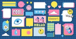 Set Of Talk Bubble Text, Chat Box, In Retro Style With Drawing Elements On A Color Background. Stickers Emoji And Other Things. Text Block In Doodle Balloon And Message Window. 