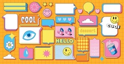 Set Of Talk Bubble Text, Chat Box, In Retro Style With Drawing Elements On A Orange Background. Stickers Emoji And Other Things. Text Block In Doodle Balloon And Message Window.