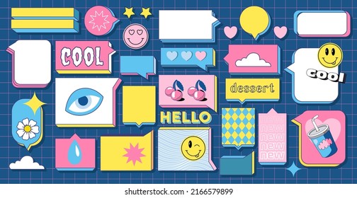 Set of talk bubble text, chat box, in retro style with drawing elements on a color background. Stickers emoji and other things. Text block in doodle balloon and message window. 