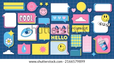 Set of talk bubble text, chat box, in retro style with drawing elements on a color background. Stickers emoji and other things. Text block in doodle balloon and message window. 