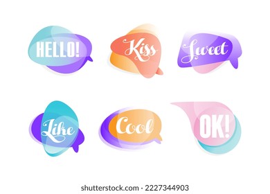 Set of talk expressions in speech bubbles. Hello, kiss, sweet, like, cool, ok greeting phrases and words cartoon vector illustration