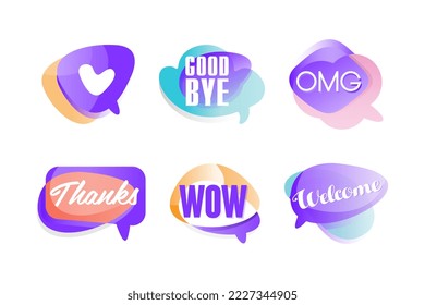 Set of talk expressions in speech bubbles. Good bye, omg, thanks, wow, welcome greeting phrases and words cartoon vector illustration