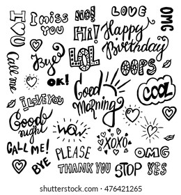 Set of talk phrases and speech bubble. Hand drawn messages. Vector illustration.