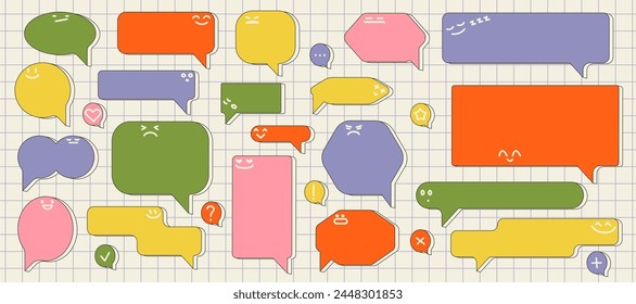 Set of talk speech bubble text, chat box, in retro style. Stickers emoji. Place for the text block in doodle balloon and message window