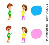 Set with talking boy and girl plus two speech bubbles. Vector