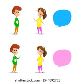 Set with talking boy and girl plus two speech bubbles. Vector