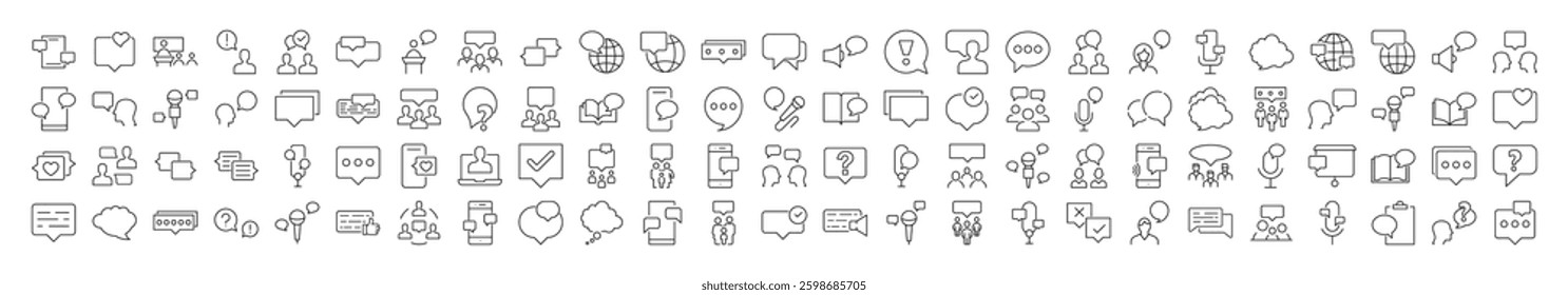 Set of Talking and Dialogue Related Line Icons. Speech Bubble Outline Signs for Graphic and Web Design, Apps, Adverts, Various Cards