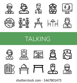 Set of talking icons such as Instructor, Co, Support, Nurse, Table, Training, Video call, Broker , talking