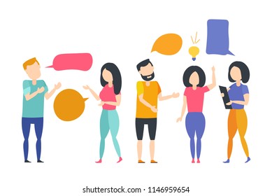 Set of talking people. Woman have an idea. Men and women chatting and discuss social network, news, social networks in dialogue speech bubbles. Teamwork, interview concept. Vector illustration.