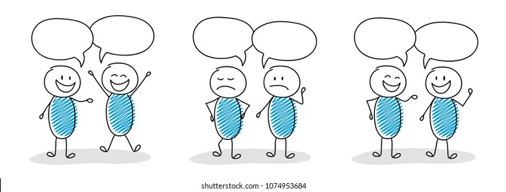 Set of talking stickmen with different facial expressions. Vector.