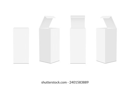 Set Of Tall Cardboard Rectangular Packaging Boxes, Opened And Closed Lid, Isolated On White Background. Vector Illustration