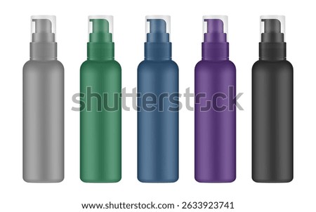 Set of tall cosmetic bottles with pump. Dispenser. Gray, green, navy blue, purple and black containers. Liquid soap or shampoo.