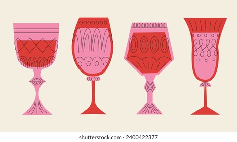 Un conjunto de vasos altos de diferentes formas en colores rojo y rosa. Bebidas en diferentes tipos de vasos de cosecha. Ilustración vectorial lineal. Estilo retro de dibujos animados