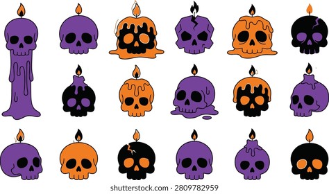 Set of tall pillar skull candle icons for spooky Halloween vector illustration