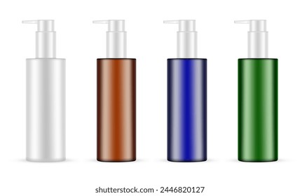Set Of Tall Plastic Pump Bottles Mockups, Different Colors, Isolated On White Background. Vector Illustration